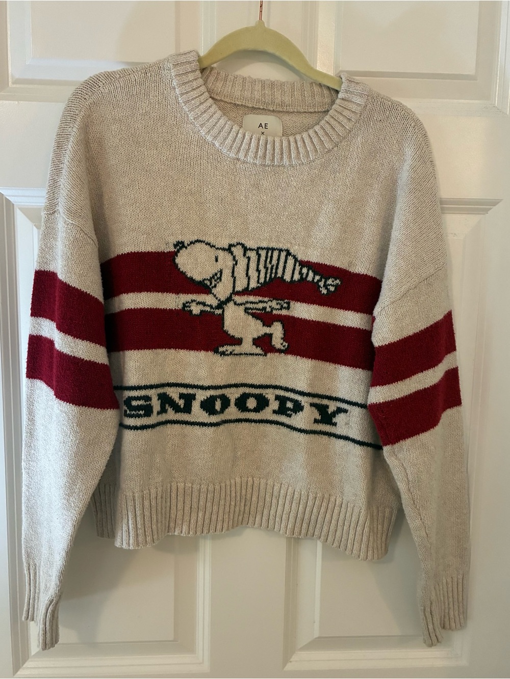 AE Snoopy Cream & Red Striped Knit Sweater Small - Picture 2 of 6